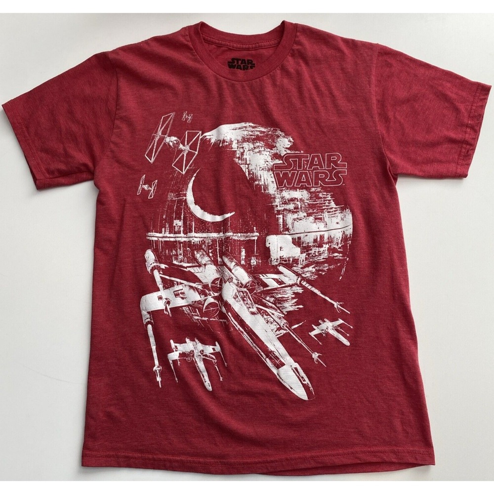 Star Wars - Red T-Shirt - Death Star, X-Wings, Tie Fighter Sketches - Small